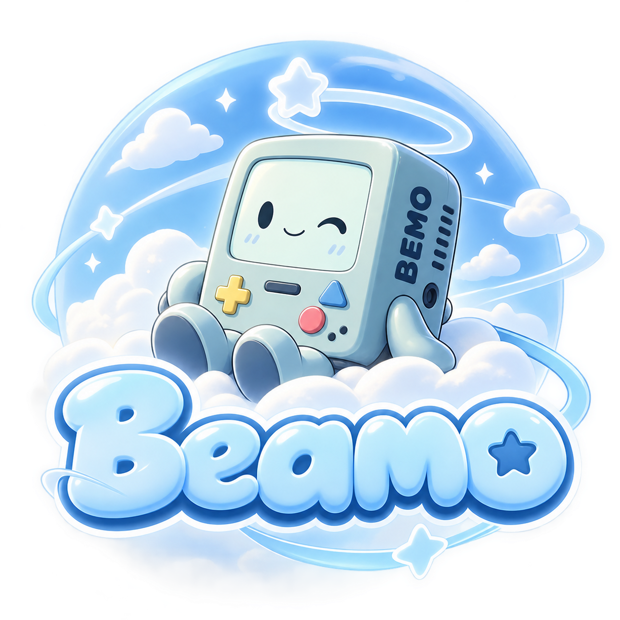 Beamo in a bright floating sky world